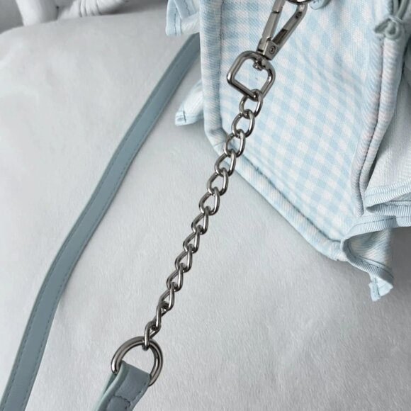 Betsey Johnson Luv Betsey Light Blue Gingham Ruffle Shoulder Bag Heart Sharm NWT - Picture 13 of 16